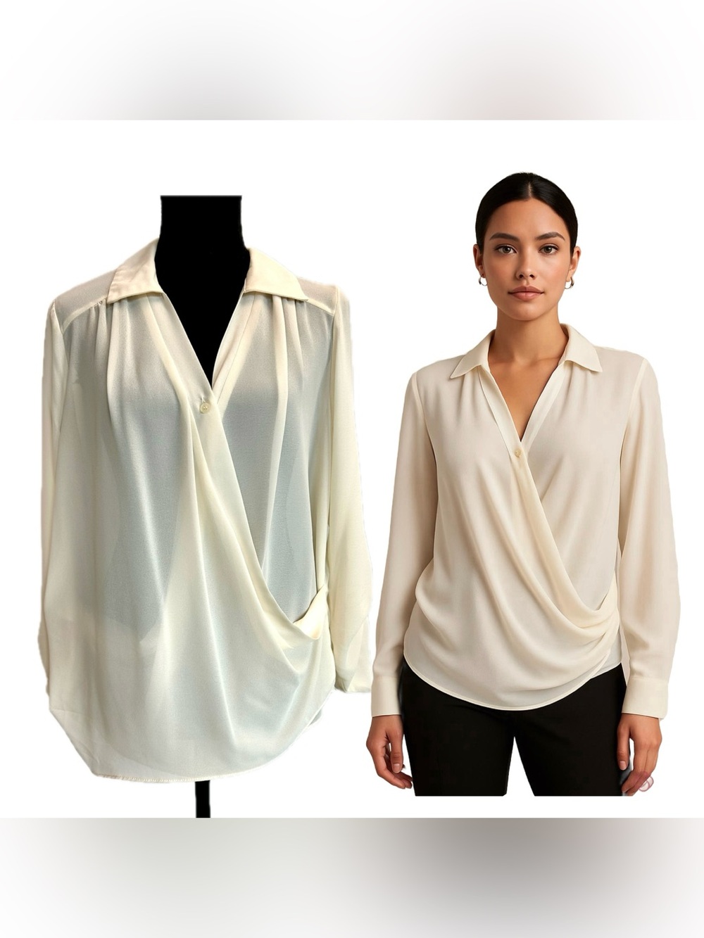 Forever 21 cream Draped wrap Surplice Long-Sleeve Blouse Sz M semi sheer